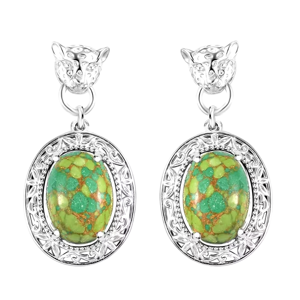 Mojave Green Turquoise 11.00 ctw Leopard Head Dangle Earrings in Platinum Bond